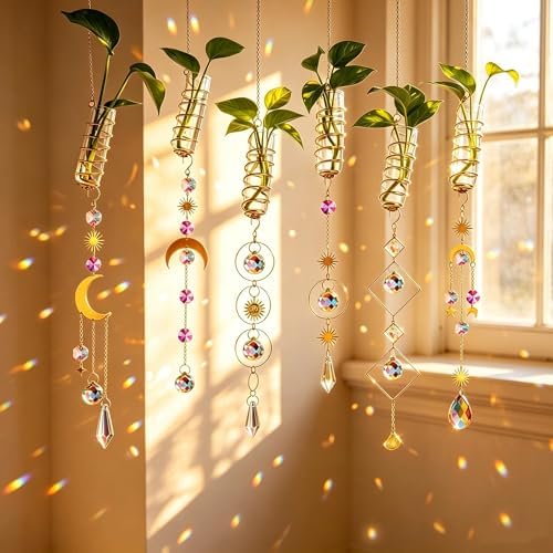 6Pcs Crystal Suncatchers with Propagation Stations Glass Wall Planters by HDCRYSTALGIFTS