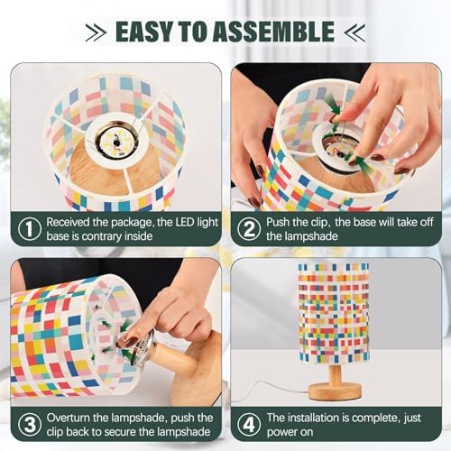 Vibrant Mosaic Colorful Checkered Bedside Table Lamps with USB Port for Bedroom Lamp Table Lamp Small Nightstand Lamp Sturdy Linen Shade Wooden Decorative Lamps for Home Dorm Office Living Room - Image 6