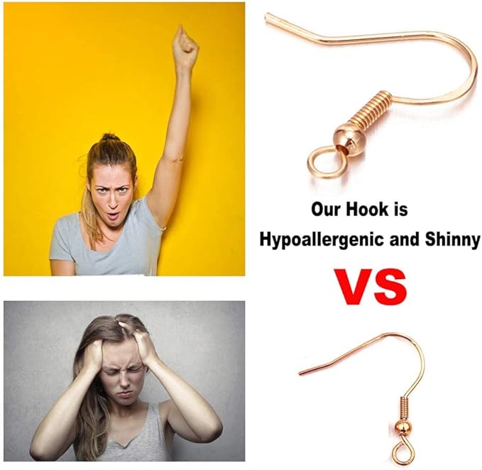 Rose Gold Earring Hooks - 120 PCS/60 Pairs Hypo-allergenic Rose Gold Plated Ear Wires Fish Hooks for Jewelry Making, Jewelry Findings Parts with 120 PCS Rubber Earring Backs Stopper for DIY Earrings