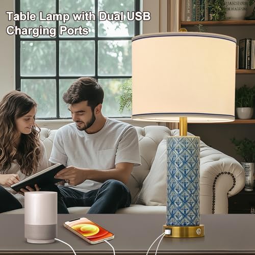 Set of 2 Table Lamp for Living Room Bedroom Farmhouse,26'' Touch Control Bedroom Aqua Blue Ceramic Lamps 3-Way Dimmable Bedside Lamps with USB A+C Ports Linen Shade for Home - Image 2