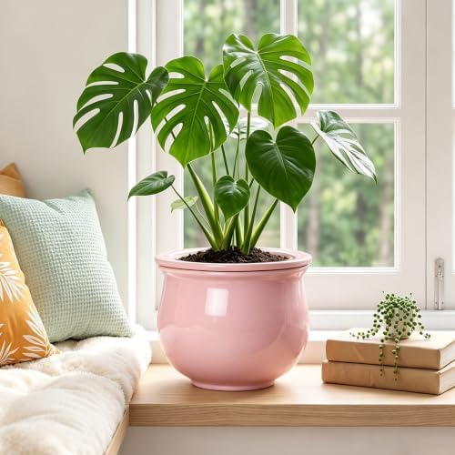8 Inch Ceramic Self Watering Planter with Absorbent Inner Pot, Pink - Image 4