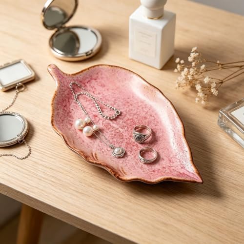 Ceramic Leaf Jewelry Dish,5.9in Jewelry Tray,Ring Holder Dish(Pink) - Image 2