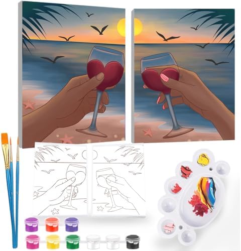 2Pcs Sip and Paint Kit for Adults,Valentines Couple Painting Kit Supplies Canvas, Pre Drawn Canvas to Paint for Date Night for Couples DIY Acrylic Painting Kits Party Favor 8×10 by iPaint
