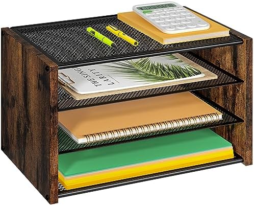 DAOUTIME 3-Tier Paper Letter Tray, Wooden Desk File Organizer, Stackable Metal Mesh Desk Organizer for Office Supplies. Small Paper Trays for Home Office School, Rustic Brown by DAOUTIME