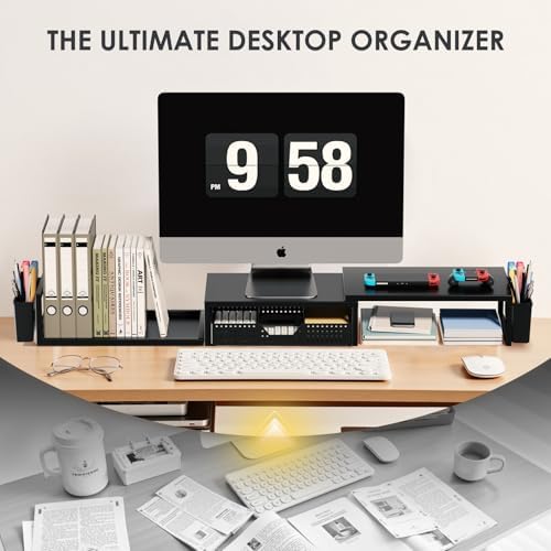OPNICE Desk Organizers and Accessories, Dual Monitor Stand Riser with Drawer and 2 Pen Holders, Desk Shelf Computer Racks & Printer Stand for Office Workspace Organizers, Desktop Organization (Black) - Image 5