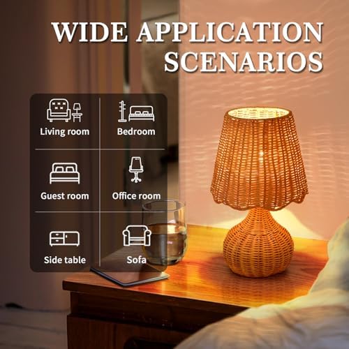 Ziqqeelam Rattan Table Lamp for Bedroom, Boho Small Table Lamps for Bedside, Farmhouse Mini Small Table Lamps for Small Spaces for Kitchen Counter, Bookshelf, Nightstand, Bedroom, Kids Dorm - Image 3