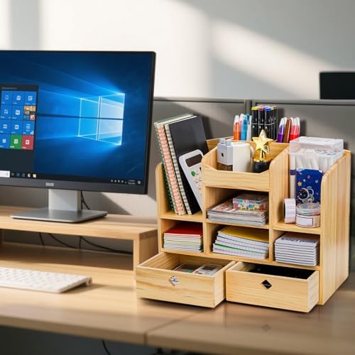 Wooden Desk Organizer with Drawers, 10 Compartments - Image 5