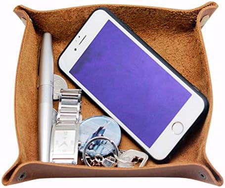 boshiho Valet Tray for Men, Leather Jewelry Catchall Key Phone Coin Box Change Caddy Bedside Storage Box (Light Brown) - Image 4