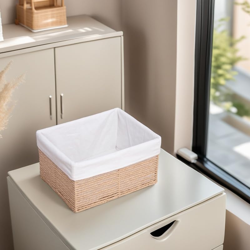 GYASVWU Hand-Woven Paper Rope Storage Baskets,Rectangular Wicker Baskets for Organizing,Decorative Woven Basket for Storage,Shelf Basket for Living Room,Storage Baskets for Pantry (Beige - Small) - Image 6