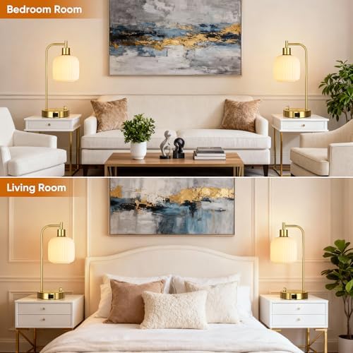 Cream Glass Table Lamps Set of 2, Dimmable Bedside Lamps for Living Room - Image 7