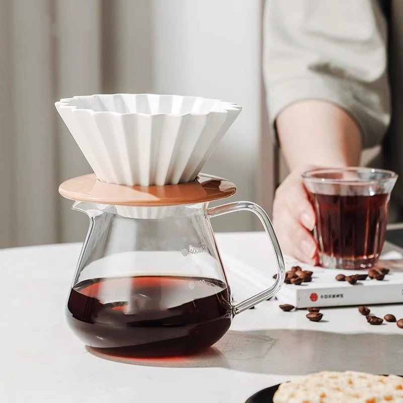Ceramic Coffee Dripper Pour Over Coffee Maker with Wood Stand Elegant Flower Shape Filter - Image 7