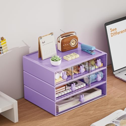 Marbrasse Desk Organizer with 6 Drawers, 3 Tier Stackable Storage Drawers Plastic Makeup Storage, Office Organizers and Storage, Desk Storage Box for Office, School, Home Purple - Image 3