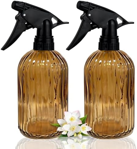 Brown Ribbed Glass Plant Spray Bottle 2 Pack, 13.5oz Adjustable Nozzle by ESSGUO