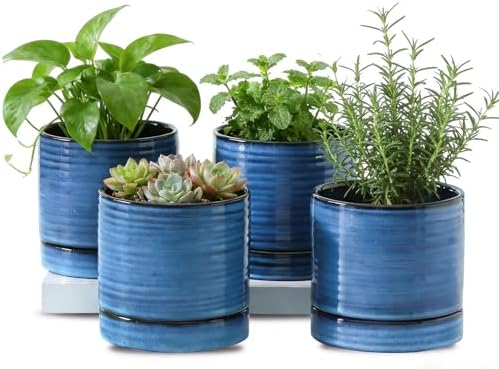 HASENSE Ceramic Indoor Plant Pots, 4.6 Inch Small Flower Planters with Drainage Hole and Saucer, Vintage Reactive Glaze Blue Pots for Succulents, Cactus, Herbs, Home Decor, Set of 4 by Hasense