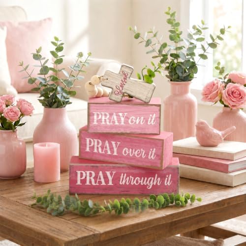 Moucuny 4 Pcs Pink Christian Table Decor Cross Wooden Bible Verse Sign - Image 2