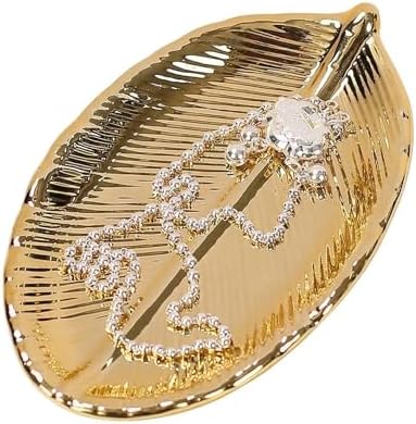 Gold Leaf Ceramic Jewelry Tray, Leaf Shaped Ring Catchall Tray 5.83 x 3.54 x 0.75 in for Bathroom Nightstand Decor by Unknown