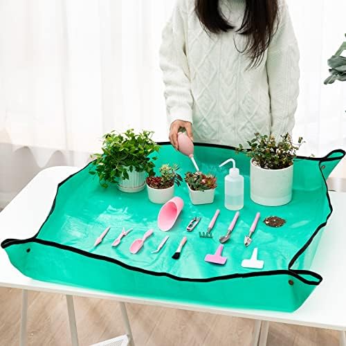 Melphoe 25Pcs Mini Garden Hand Transplanting Succulent Tools Set, 39.4" Thickened Repotting Mat & Plant Tag, Miniature Planting Indoor Fairy Care, Potting, Cactus, Houseplant Bonsai Tool Kit (Pink) - Image 5