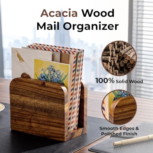 Acacia Wood Mail Organizer Countertop -Letter Holder for Office Desk - Image 5