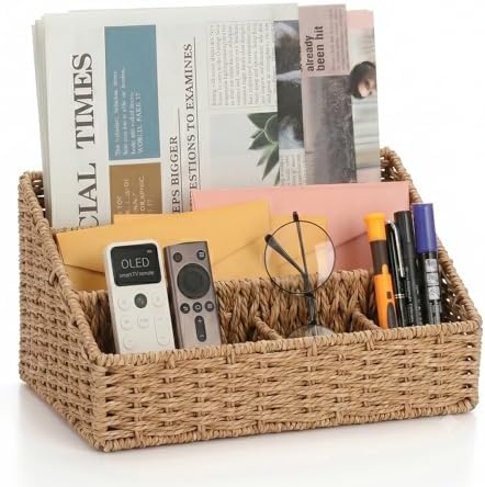 Mail Organizer for Desk - Countertop Mail Sorter & Magazine Holder, Brown Desk Organizer with 5 Compartments for Letters, Bills, Office Supplies, 12.7'' L x 6.3'' W x 7.1" H by BOERSHUN