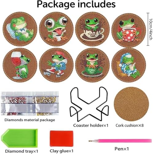Clendo 8 PCS Coffee Frog Diamond Art Coaster Kits with Holder - Diamond Painting for Adults Beginners - 5D Gem Art Dots Paintings with Cork Pads - Crafts Supplies - Image 2