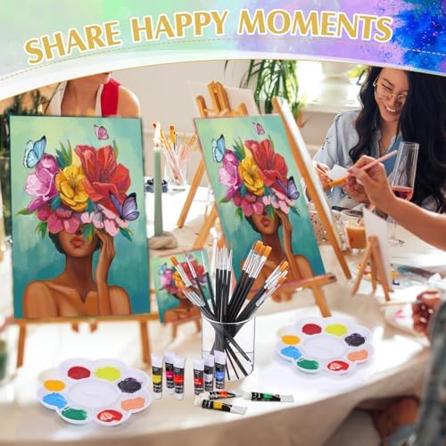 Cholemy 8 Set Paint and Sip Kit for Adults 8'' x 10'' Pre Drawn Canvas with Wooden Easels Acrylic Paint Brushes Wash Cup Palette Apron for Painting DIY Date Night Party Supplies(Flower Lady) - Image 5
