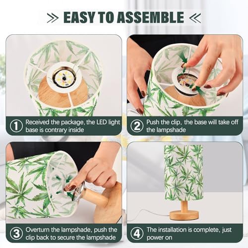 Watercolor Green Marijuana Leaves Bedside Table Lamps with USB Port for Bedroom Lamp Accent Table Lamp Small Nightstand Lamp Sturdy Linen Shade Wooden Base Decorative Lamps for Kids|Reading|Dorm|Home - Image 6