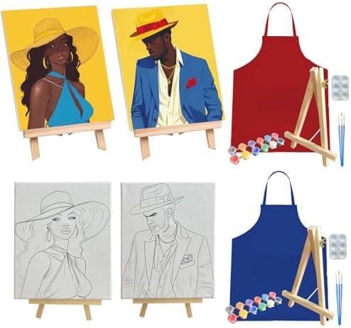 2 Pcs Sip and Paint Kit for Adults Couples – Date Night Painting Set with Pre-Drawn Canvases, Paints, Brushes, and Easels – (Bold Couple) by AMIZEY