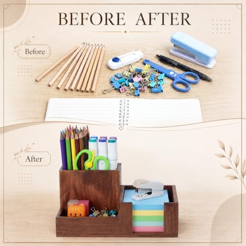 Maitys Wood Pen Holder Wooden Desk Organizer 3 Compartments Office Supply Organizer with Pencil Holder Paperclip Storage Sticky Note Rack Desk Organizers Ideal Gift for Class Home Office - Image 3