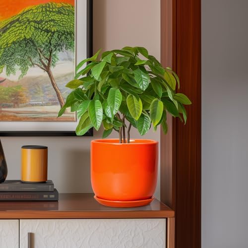 Ceramic Pot for Plants - 8 Inch Plant Pot with Drainage Hole and Saucer, Cylinder Modern Round Planter for Indoor Outdoor Plants, Housewarming Gifts, Office Home Garden Decor, Orange - Image 2