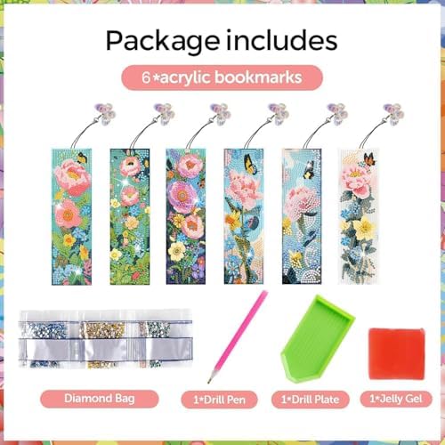 Puraikcmi 6 PCS 5D DIY Diamond Art Bookmarks,Butterflies and Flowers Diamond Painting Bookmarks Kits with Tassels Acrylic, Rhinestone Crafts Decoration Gift Set for Book Lovers Beginners & Adults - Image 6