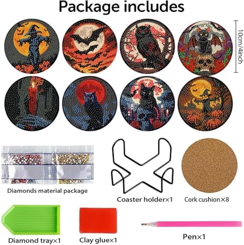 askkqtx 8 Pcs Halloween Diamond Art Coasters Kits with Holder 4X4 Inch - Image 4