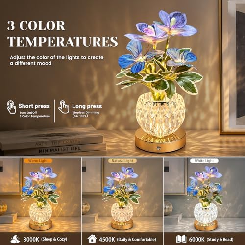 Flower Table Lamp, 3 Colors Touch Stepless Dimming Orchid Night Light, Rechargeable Artificial Flower Light, LED Flower with Vase Lamp Romantic Decor for Date Party Home (Purple - Cymbidium) - Image 3