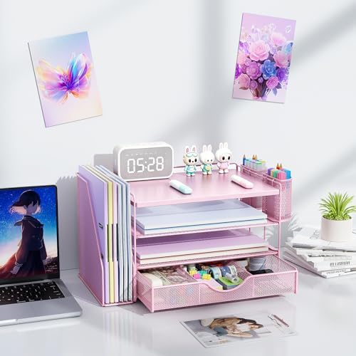gianotter Wood Desk Organizers and Accessories with File Holder, 4-Tier Desk Accessories & Workspace Organizers with Drawer and 2 Pen Holder, Desk Reference Organizer (Pink, 4T with Metal Drawer) - Image 7