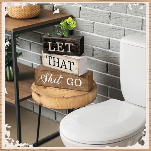 Moucuny 4 Pcs Wooden Block Signs Farmhouse Table Decoration for Bathroom - Image 3