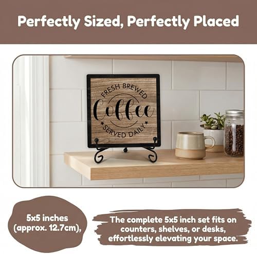 Coffee Bar Sign, Fresh Brewed Coffee Served Daily Sign, 5x5 Wood Plaque with Iron Stand, Kitchen Cafe Tabletop Decor – A05 - Image 5