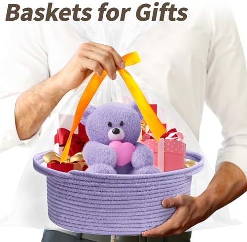 Pro Goleem Small Woven Basket with Gift Bags and Ribbons Durable Baskets for Gifts Empty Small Rope Basket for Storage 12"X 8" X 5" Baby Toy Basket with Handles, purple - Image 2
