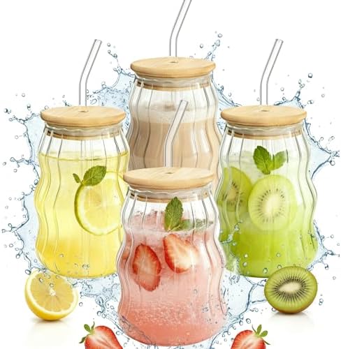 4 Packs Cute Glass Tumbler with Lid and Straw 16 oz Vintage Ice Coffee Cup Set Bulk Simple Modern for Smoothie Juice Matcha Tea Water Slushie Clear Hot Drink Glasses Travel Mug Kitchen Glassware by Unknown
