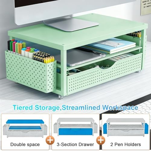 gianotter Desk Organizers and Accessories, Monitor Stand with Drawer and 2 Pen Holder, Desktop Organizer Suitable for Offices and Dormitories (Sage Green) - Image 3