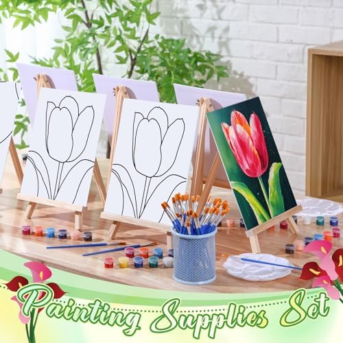 Motipuns 6 Set Pre Drawn Canvas for Painting for Adults Sip and Paint Kit with Easels 8 x 10 Inches Paint Party Kit with Printed Canvas Paints Brushes Palette Apron(Tulip) - Image 2