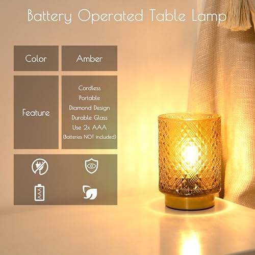 LUSHARBOR Battery Operated Lamp with Timer, Small Table Lamp Bedside Decor Ambient Light, Glass Cordless Battery Lamp for Bookshelf Living Room Entryway Diamond Design-Amber - Image 4