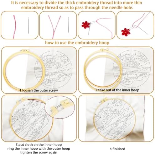 BEUNITONE 4pcs Embroidery Kit, Starry Sky & Beach Stamped Embroidery Kits with Hoop, Thread & Needles, Cross Stitch Kits Sewing Gifts for Adults and Beginners, DIY Craft for Relaxation - Image 3