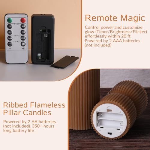 Brown Ribbed Fall Flameless Pillar Candles with Remote Set of 2 - Image 3