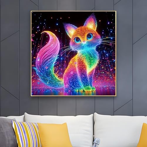 OJTOYART Fluorescence Cat Diamond Art Painting Kits for Adults, 5D Animals Round Full Drill Diamond Painting, DIY Round Full Drill Dots Painting with Gem Art Craft for Home Wall Decor 12 x 16 Inch - Image 4