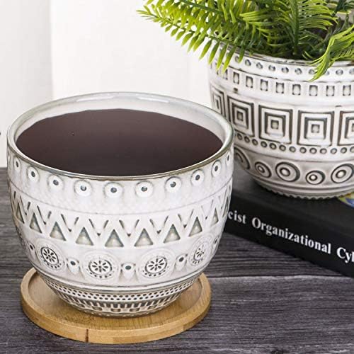 VanEnjoy 5.6 inch Large Round Bohemian Style Ceramic Planter, Geometry Engrave Off White Brown Succulent Planter Flower Pot, Indoor Outdoor Decorative Planter - Image 4