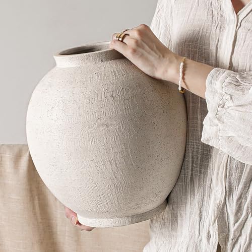 White Ceramic Vase - Large 12.5 Inch Round Floor Vase for Centerpieces, Farmhouse Flower Vases, Rustic Minimalist Home Decor (Sandstone White) by LETAUCIGARDEN