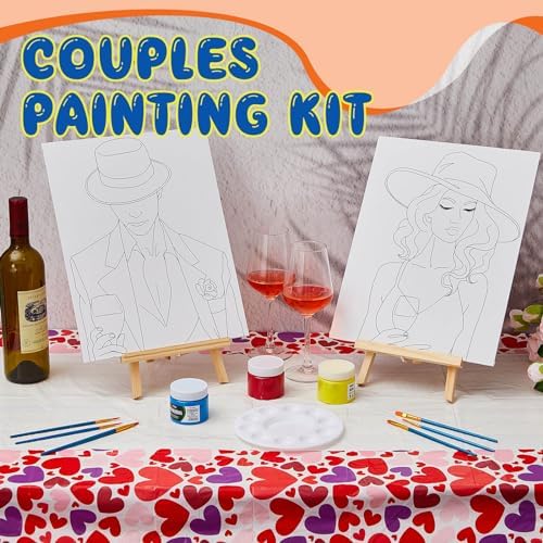 Yeaqee 13 Pcs Sip and Paint Kit for Adults Stretch Canvas Date Night Valentines Painting Kit Supplies Art Painting Set Outline Design Blank Stretch Canvas for Couple Party(Elite Couple,11x14) - Image 4