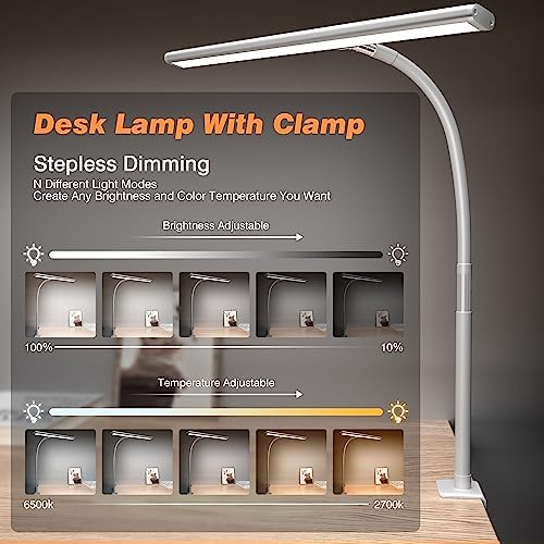 Airlonv LED Desk Lamp with Clamp, 17" Stepless Dimming Light, White - Image 2