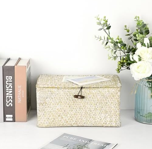 Hipiwe Seagrass Storage Basket Bins with Lid Handwoven Wicker Shelf Baskets - Image 5