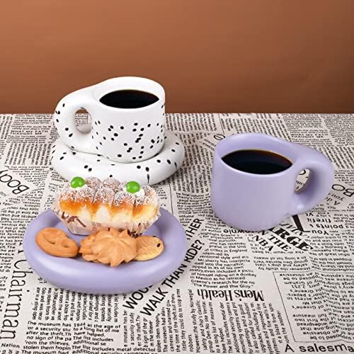 Koythin Ceramic Coffee Chubby Mug Saucer Set, Creative Cute Fat Handle Cup with Saucer for Office and Home, Dishwasher and Microwave Safe, 10 oz for Latte Tea Milk (Light Purple) - Image 6