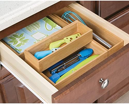 mDesign Wooden Bamboo Office Drawer Organizer Box Tray, Stackable Storage for Drawers, Cabinets, Shelves, Cubby, or Desktop, Hold Pens, Pencils, Supplies, Echo Collection, 6 Pack, Natural Wood Finish - Image 3